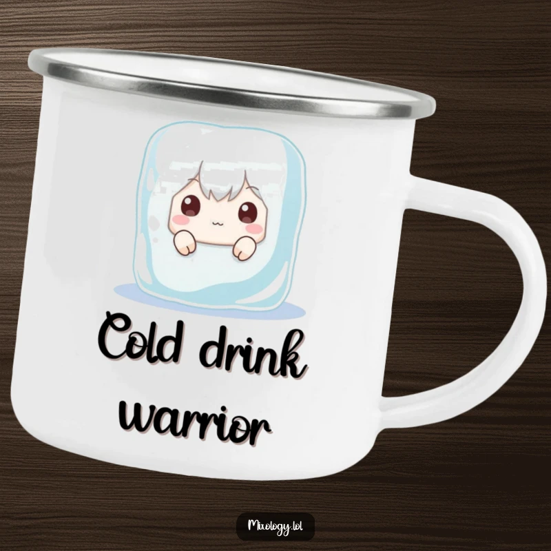 Funny camping mug showing a character hiding behind a huge ice cube, peeking out with surprised eyes, perfect for outdoor humor.