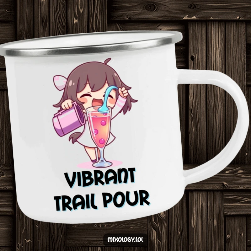 Funny camping mug featuring a character excitedly pouring a vibrant liquid into a tall glass for outdoor enjoyment.