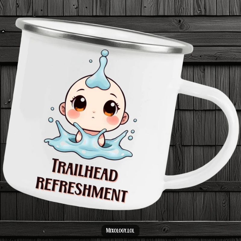 Funny camping mug featuring a tiny character with wide eyes reacting to a splash, perfect for enjoying drinks outdoors.