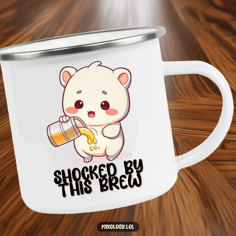 Funny Camping Mug with a sweet creature surprised while pouring liquid, perfect for outdoor enthusiasts who enjoy quirky humor.