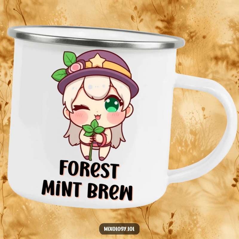 Funny camping mug with a character winking while holding a sprig of mint, perfect for enjoying outdoors.