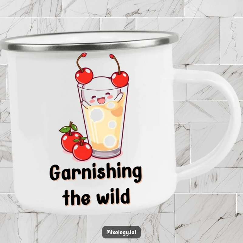 Funny Camping Mug with a tiny figure joyfully garnishing a drink, perfect for outdoor enthusiasts who appreciate humor.