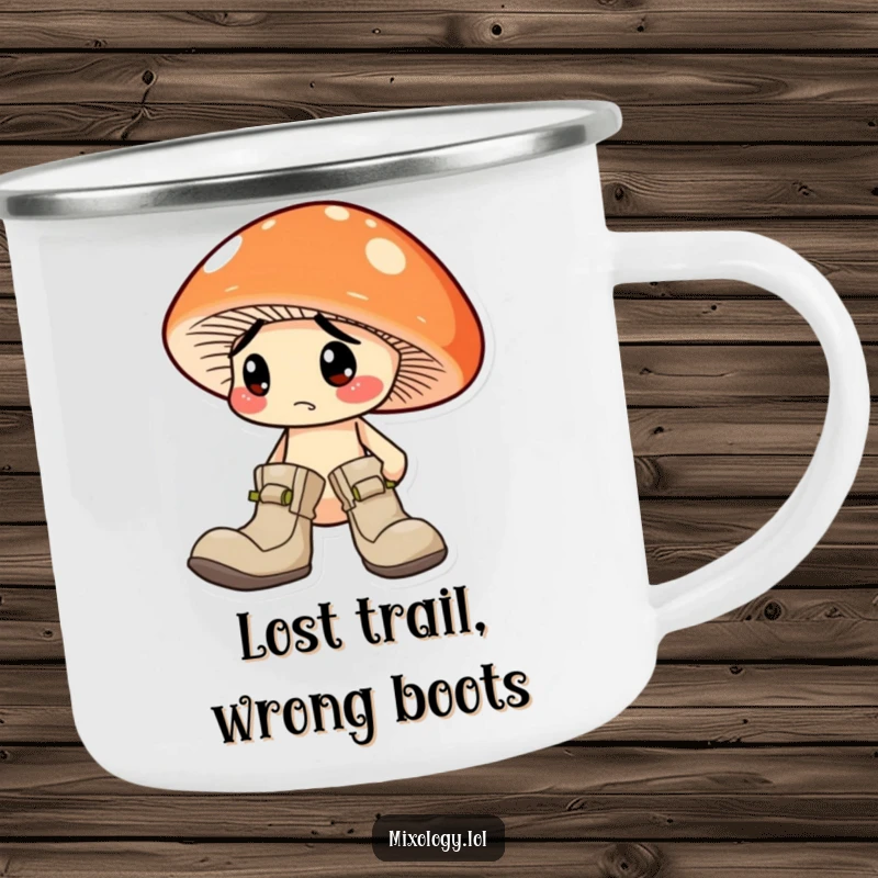 Funny Mushroom Camping Mug: A confused mushroom wearing two mismatched boots, ready for outdoor adventures and laughs.