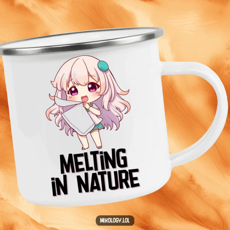 Funny camping mug with a cute character dramatically fanning themselves with a cocktail napkin, perfect for outdoor humor and drinks.