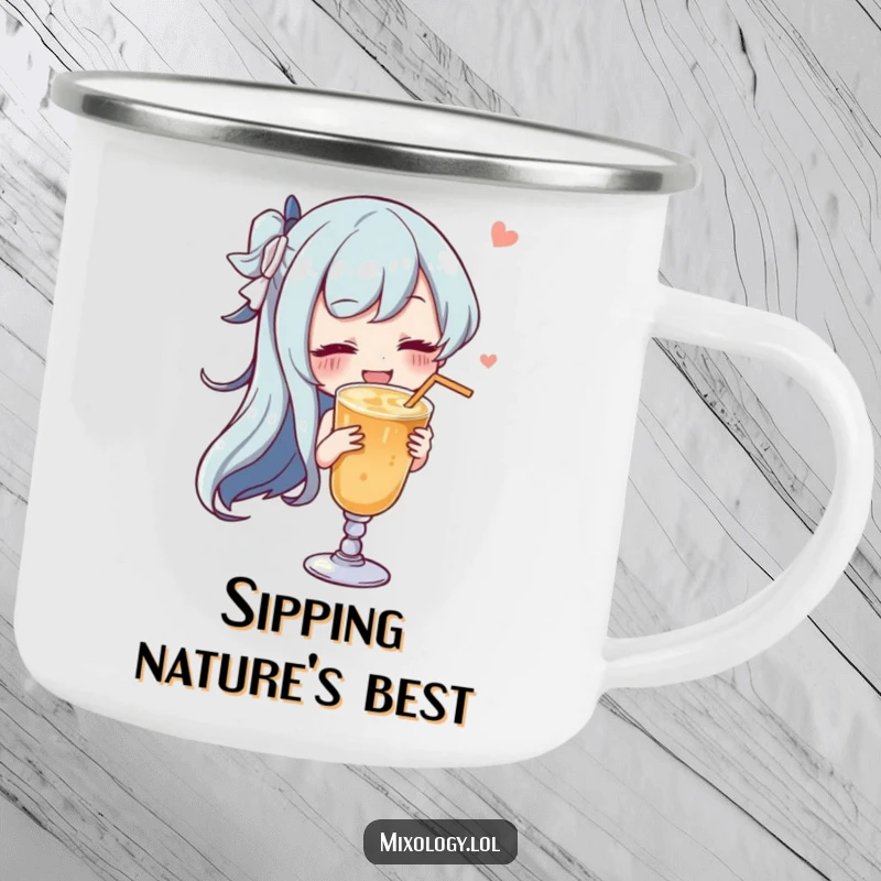 Funny character gracefully swirling a drink with a satisfied sigh on a rugged enamel camping mug.