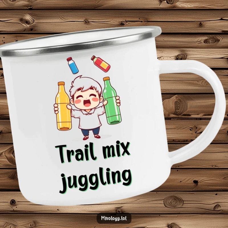 Funny camping mug showing a surprised character juggling three colorful bottles, perfect for an outdoor funny gift.