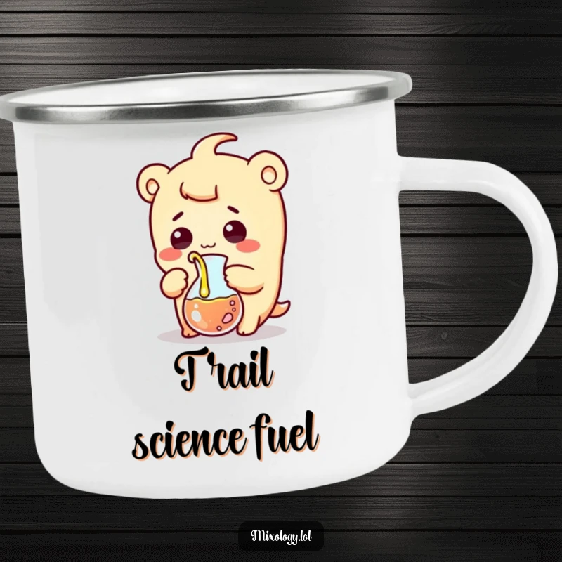 Funny camping mug showing a surprised kawaii scientist character comically pouring liquid from a beaker, ideal for outdoor humor.