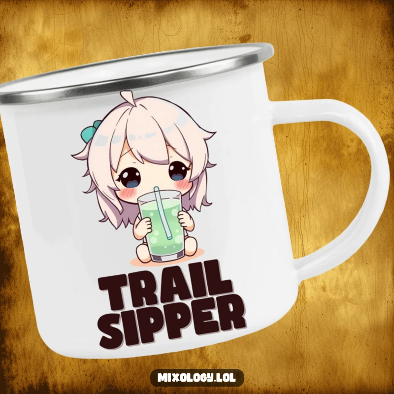 Funny Camping Mug with a character sipping a drink through a whimsical straw, designed for durability and outdoor fun.