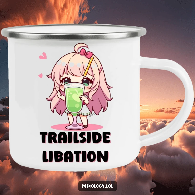 Funny Camping Mug: Sturdy metal mug featuring a character with flair presenting a fancy drink, ideal for outdoor use and humorous sipping.