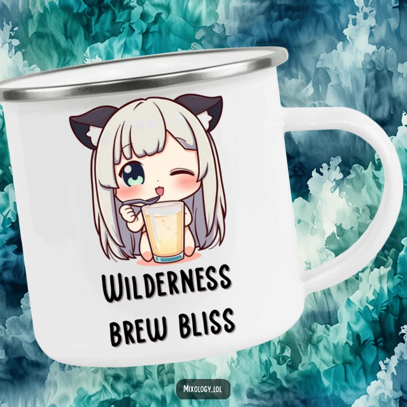 Funny camping mug showing a character's wide-eyed delight tasting a drink with a tiny spoon, a delightful funny gift.