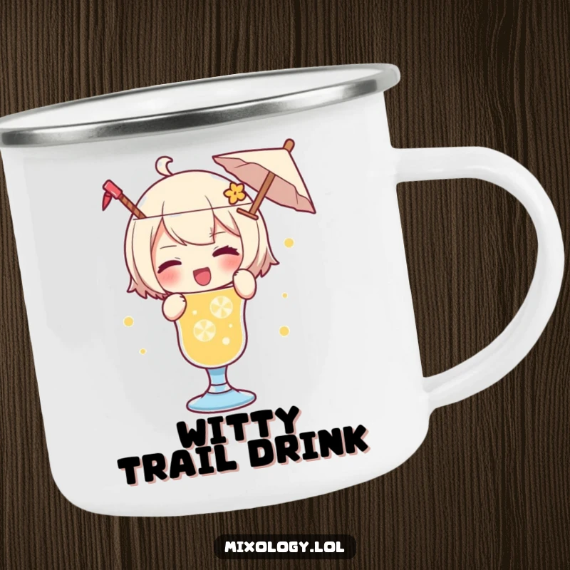 Funny camping mug featuring a character playfully garnishing a drink with a tiny umbrella and a wink for outdoor enjoyment.