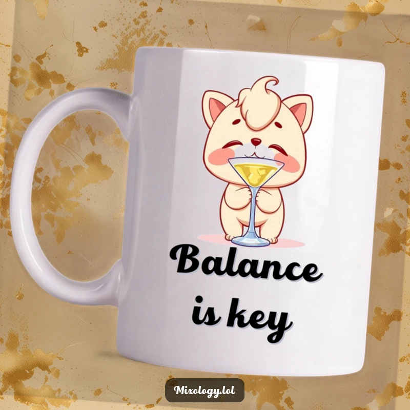 Funny mug featuring a character with clumsy delight, attempting to balance a cocktail stirrer on their nose, mid-wobble.