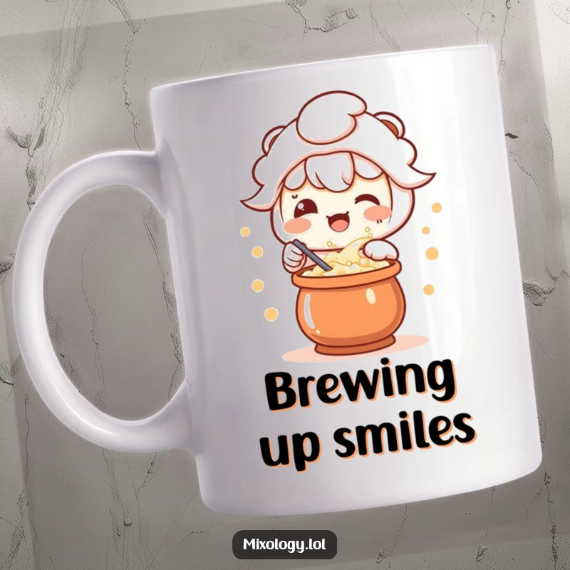 Funny mug featuring a cute kawaii character with a delighted expression, stirring a colorful, bubbling potion with joy.