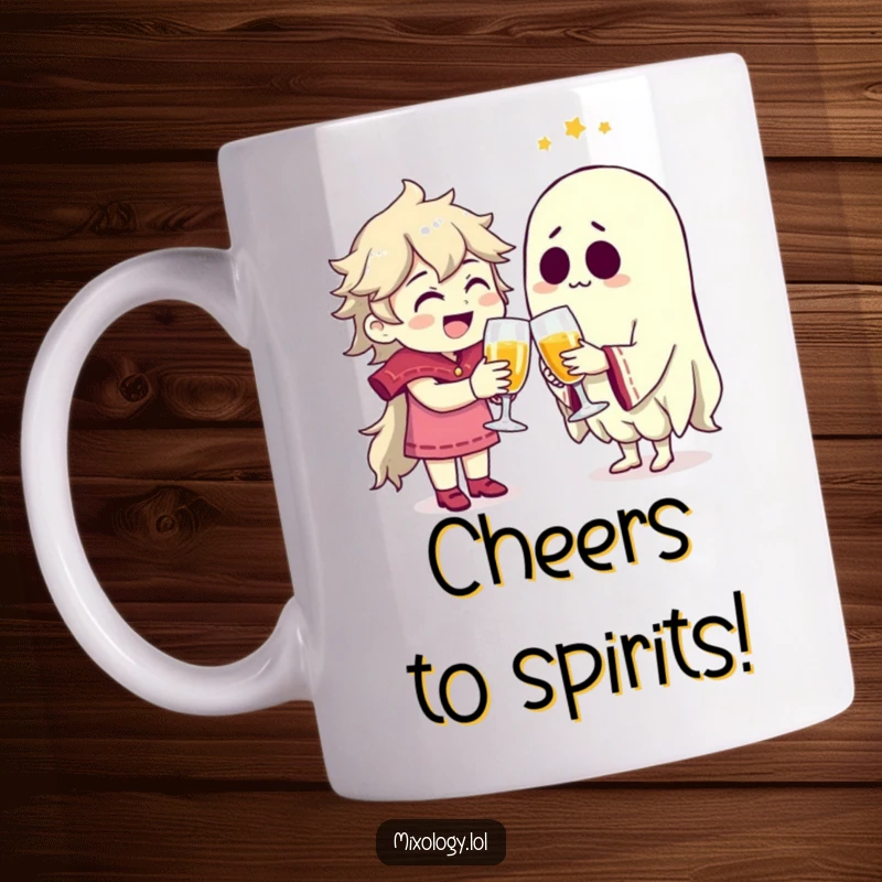 Funny character joyfully clinking glasses with a transparent, smiling ghost friend on a ceramic mug.