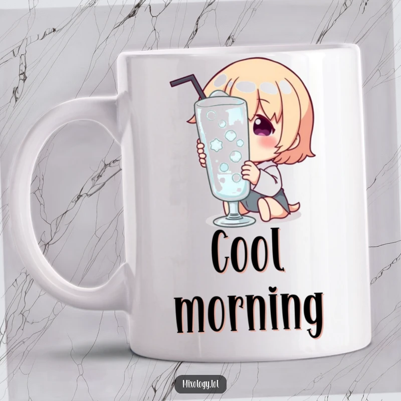 Funny Mug with a character gazing adoringly at a frosty, condensation-covered glass with a look of pure delight and satisfaction.