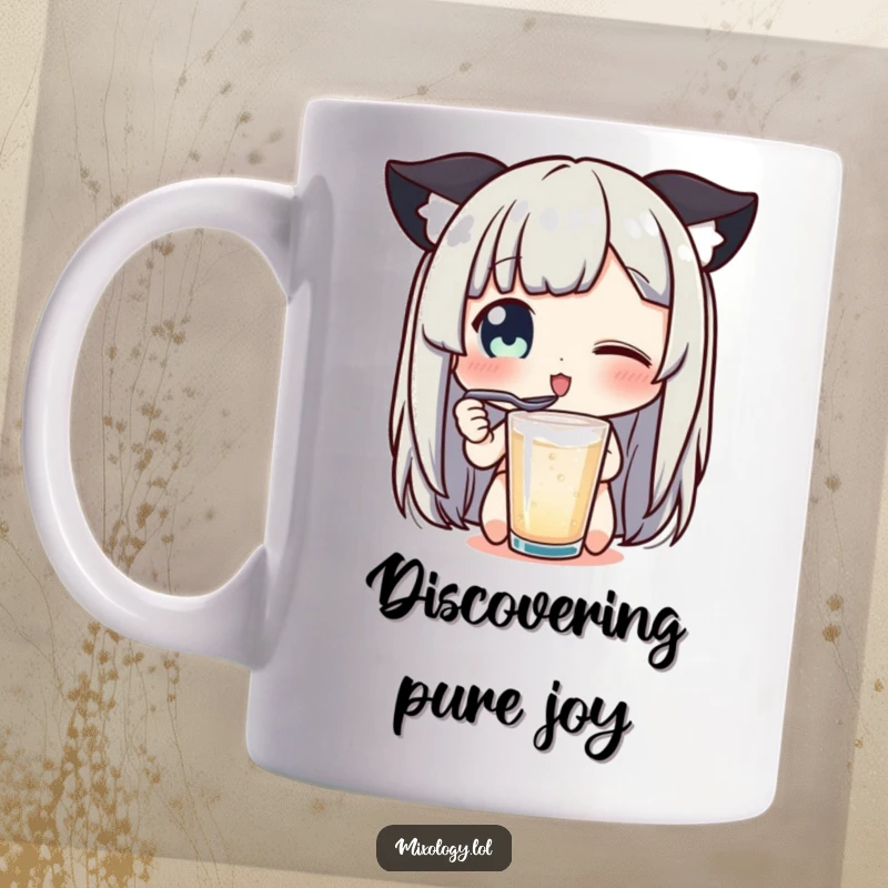 Funny mug showing a character's eyes widening in delight while sampling a drink with a tiny spoon, a humorous gift.