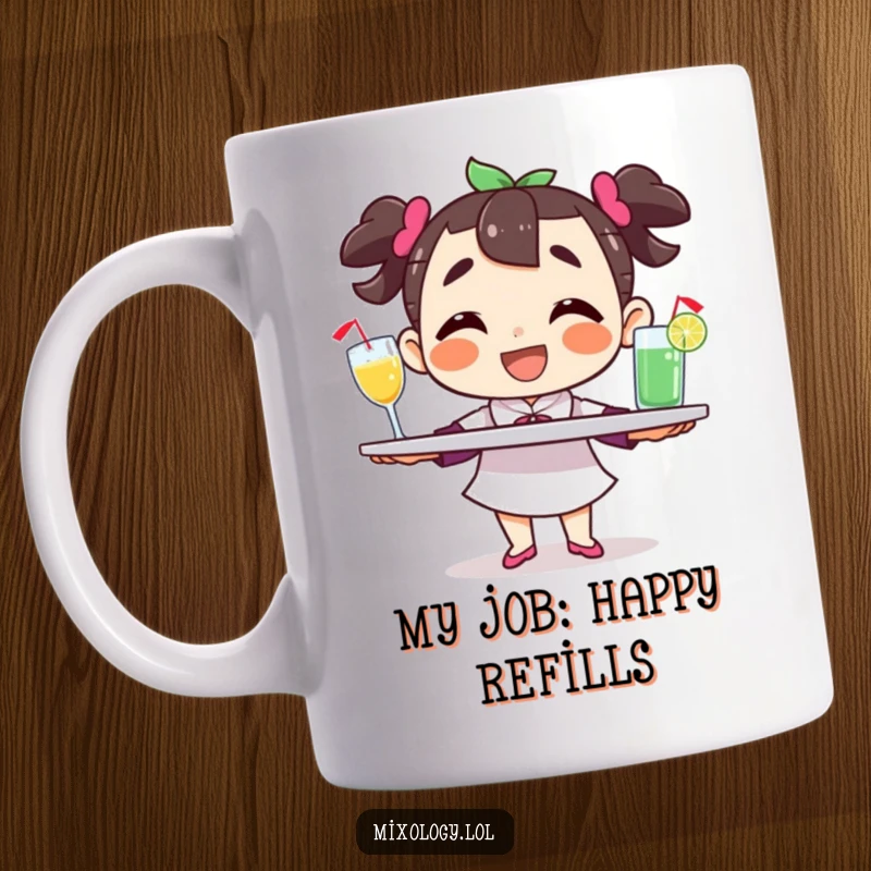 Funny happy character mug balancing a tray laden with drinks with a wide grin, showcasing hospitality and good cheer.