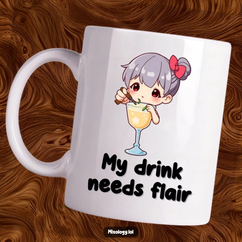 Funny Mug featuring a character precisely garnishing a drink with tiny, flourish-filled movements, showcasing dedication and humor.