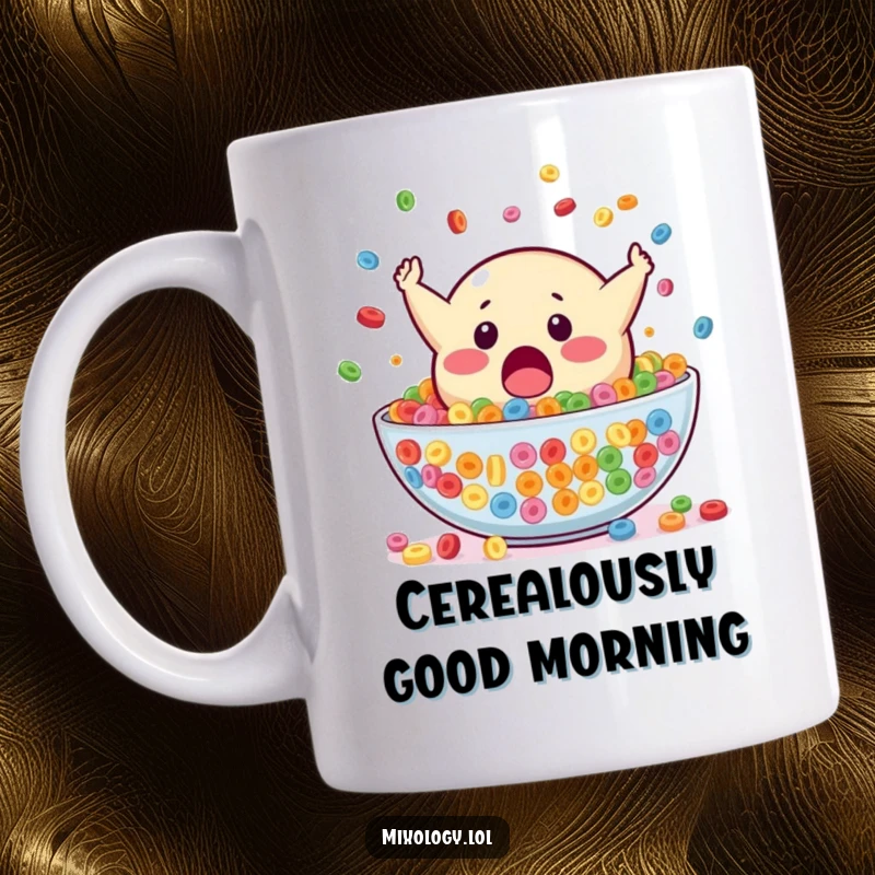 Funny mug featuring a surprised blob mascot falling headfirst into a large bowl of colorful cereal, capturing a moment of playful chaos.