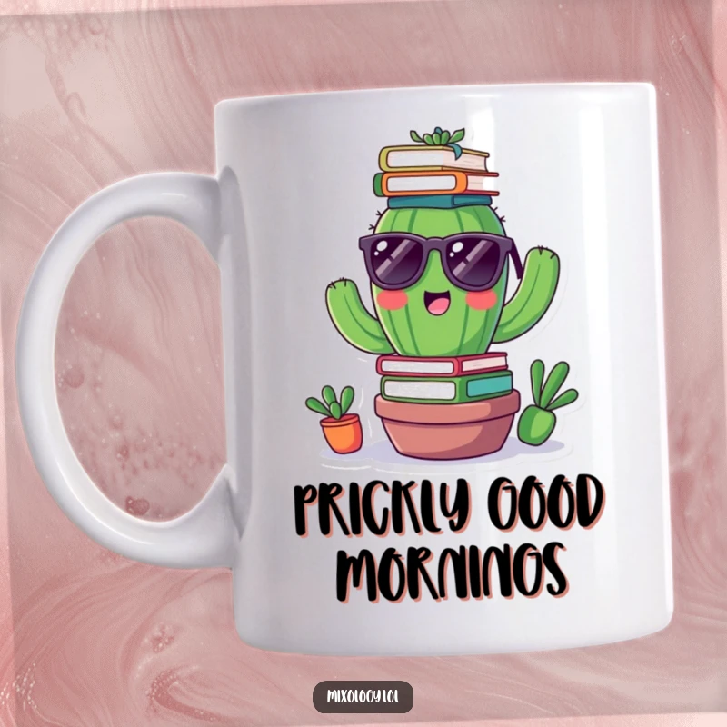 Funny mug with a cheerful cactus wearing tiny sunglasses, attempting to balance a stack of books on its head, embodying cool wisdom.