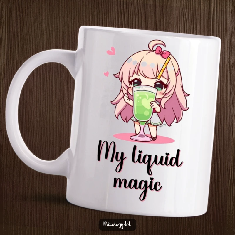 Funny Mug: Character joyfully presents a fancy cocktail with vibrant flair, showcasing creative drink presentation and humorous style.