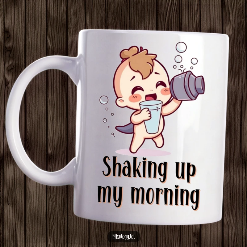 Funny Mug: A cute character excitedly shakes a cocktail shaker, sending frothy bubbles flying, symbolizing festive fun.