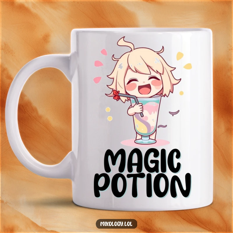 Funny delighted character mug showing a character stirring a drink with an exaggerated, joyful swirl.