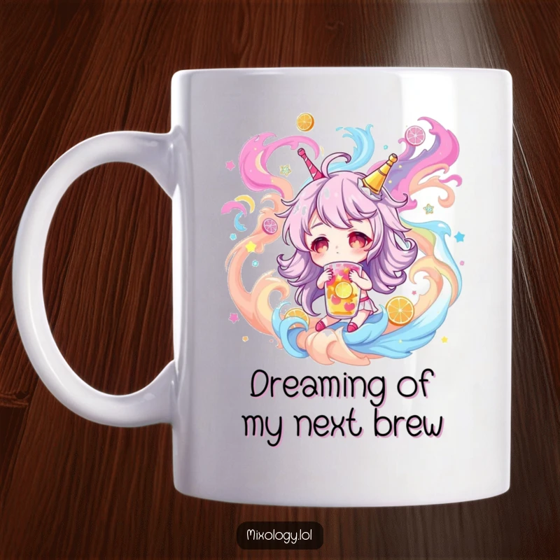 Funny Mug: Character dreaming of fantastical drinks amidst swirling colors, representing imagination and wonder, a perfect funny gift.