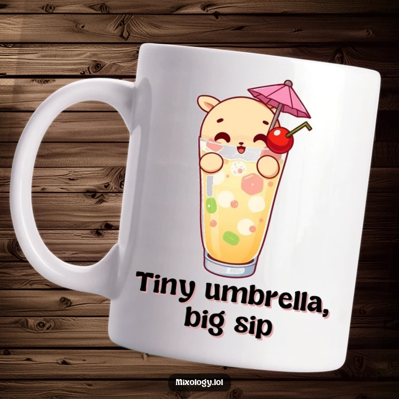 Funny mug featuring a curious character meticulously garnishing a drink with a tiny umbrella and cherry, celebrating drink artistry.