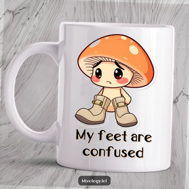 Funny Mushroom Mug: A bewildered mushroom character wearing two mismatched boots, looking confused and clumsy.