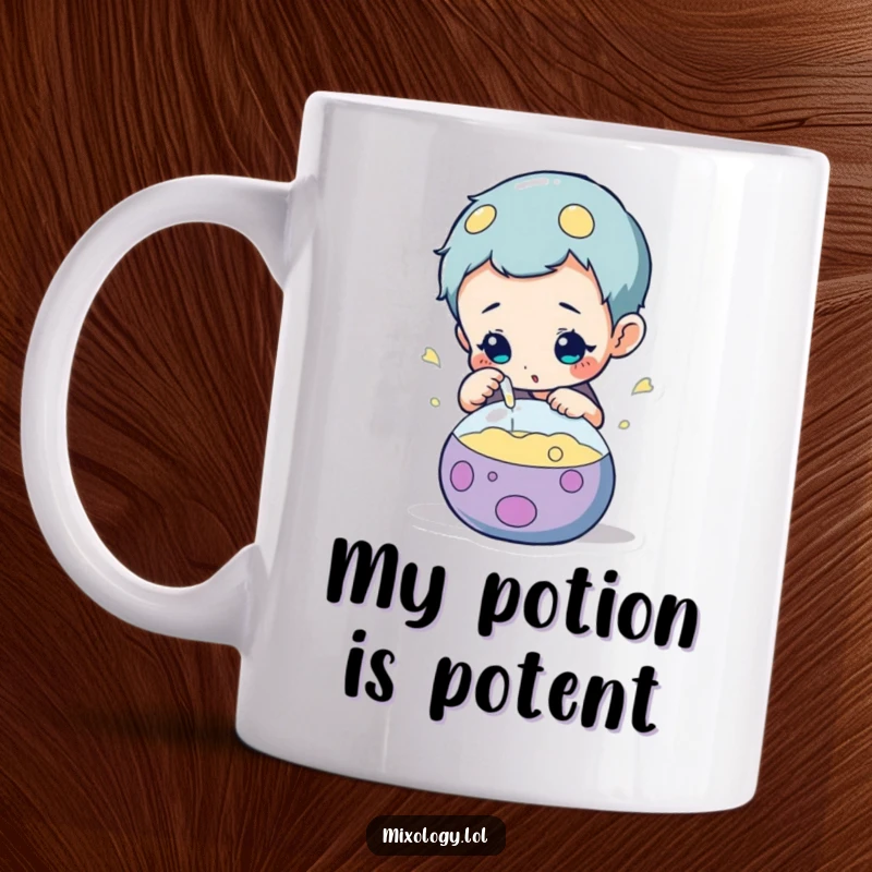 Funny mug featuring a curious character inspecting a bubbling, mysterious concoction with wide-eyed wonder and a hint of mischief.