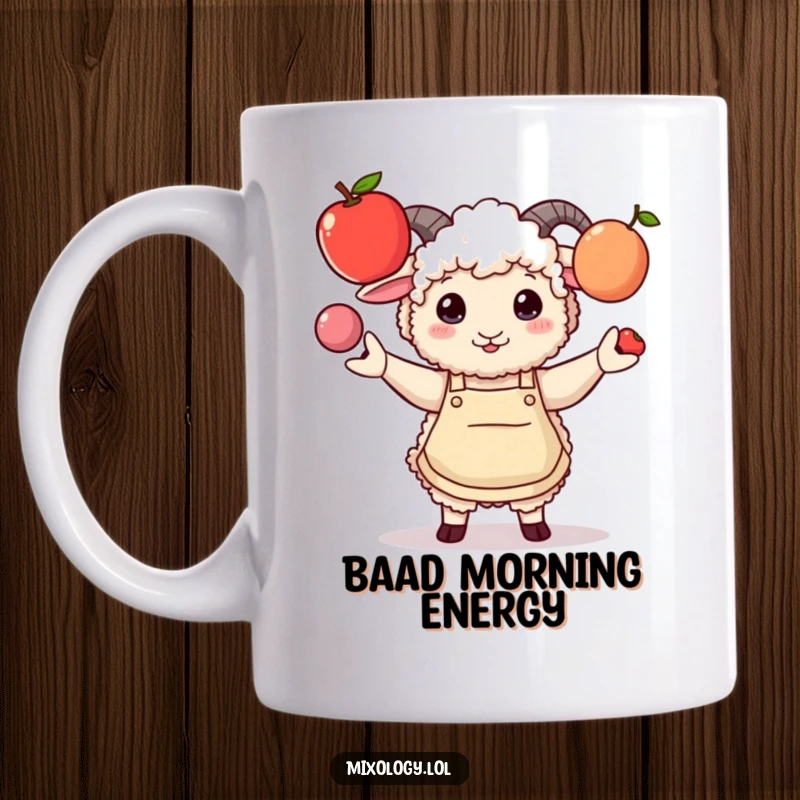 Funny mug with a fluffy sheep in a stylish apron comically juggling three different fruits, showcasing culinary flair and humor.