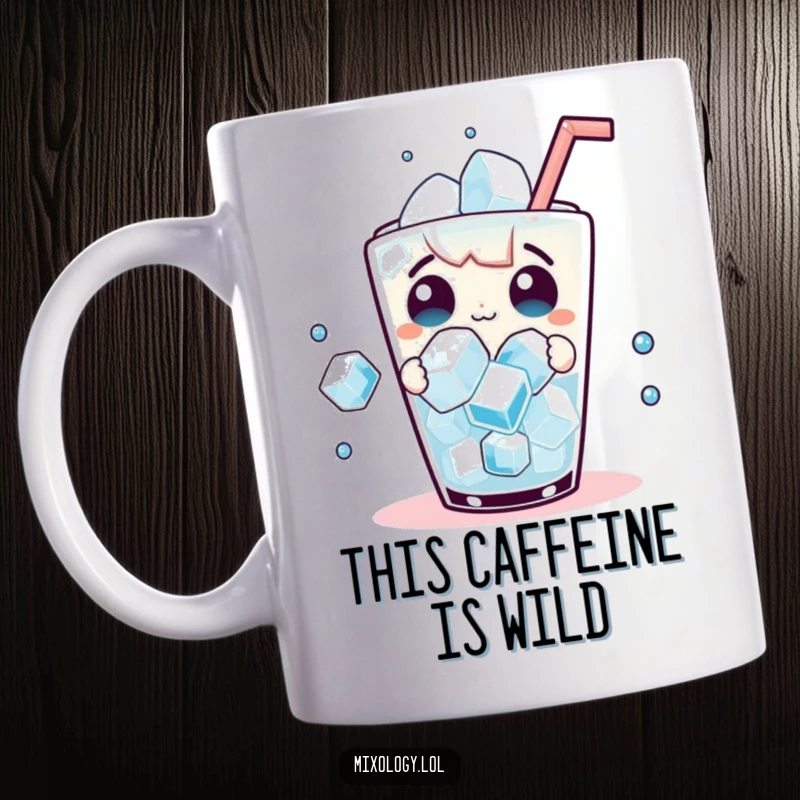 Funny Mug: Playful character looks surprised as ice cubes dance merrily in their beverage, a fun moment.