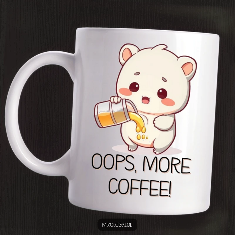Funny Mug showing a cute, sweet creature with wide, surprised eyes, accidentally pouring liquid, evoking adorable chaos.