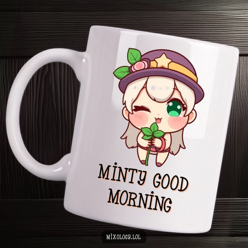 Funny mug art of a charming character winking slyly while holding a fresh sprig of mint.