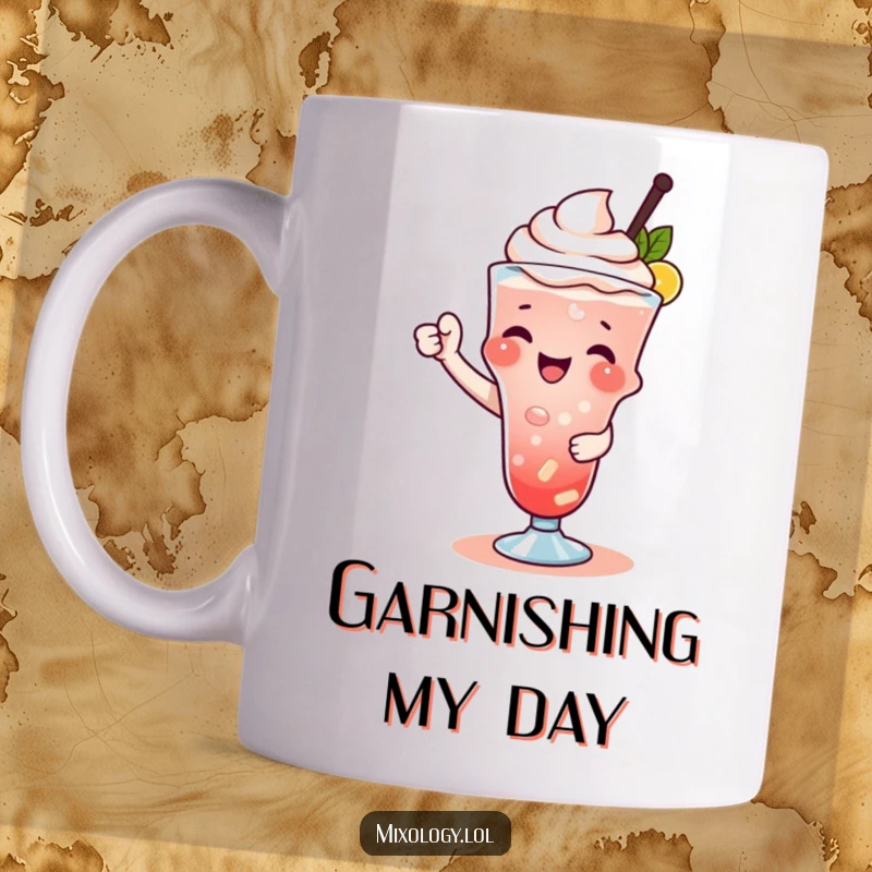 Funny mug featuring an adorable character joyfully garnishing a drink with a citrus twist and a playful flourish.