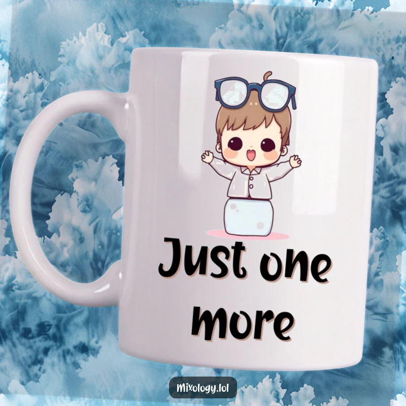 Funny Mug showing a character carefully balancing a tall, wobbly tower of drinking glasses with a look of intense glee and concentration.