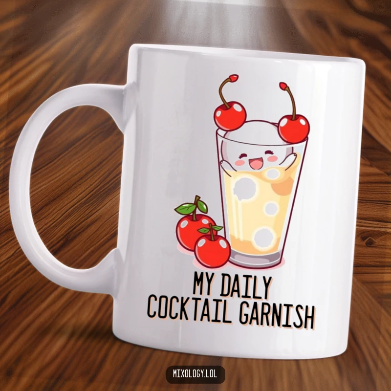 Funny Mug featuring a tiny joyful figure meticulously garnishing a colorful drink with a bright red cherry, radiating happiness.