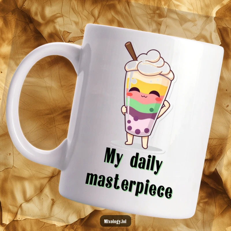 Funny mug featuring a character proudly presenting a colorful, layered beverage, highlighting their mixology skills and joy.