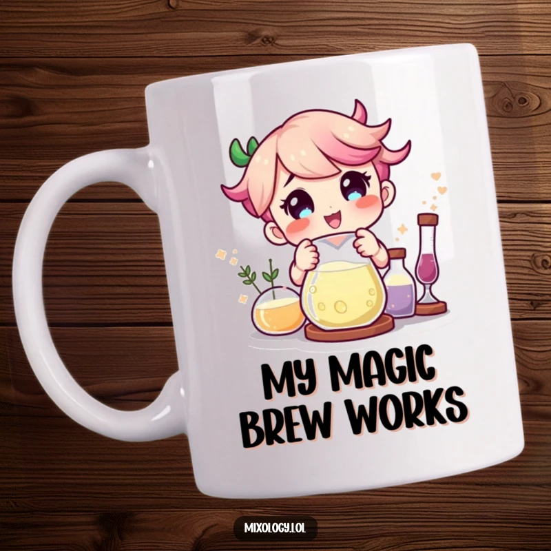 Funny character delighted as magical ingredients combine in a beaker, depicted on a ceramic mug.