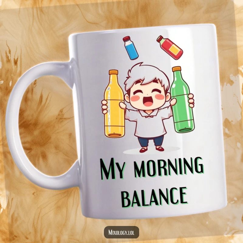 Funny mug showing a character with a surprised grin, expertly juggling three vibrant, colorful bottles, perfect for a quirky gift.