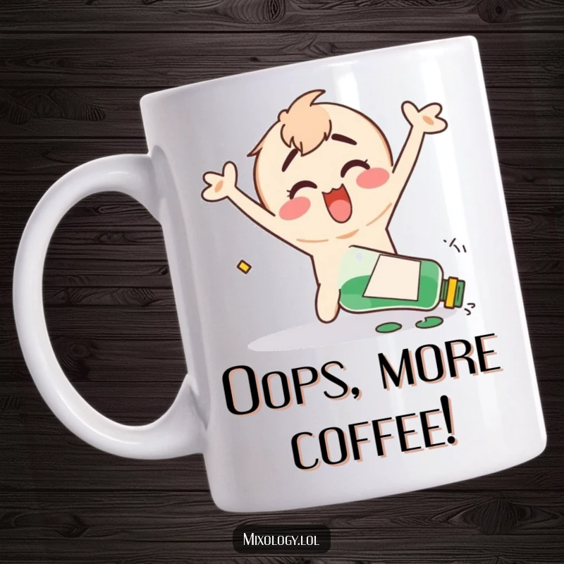 Funny mug featuring a clumsy character joyfully flailing their arms after accidentally knocking over a bottle, celebrating cheerful chaos.