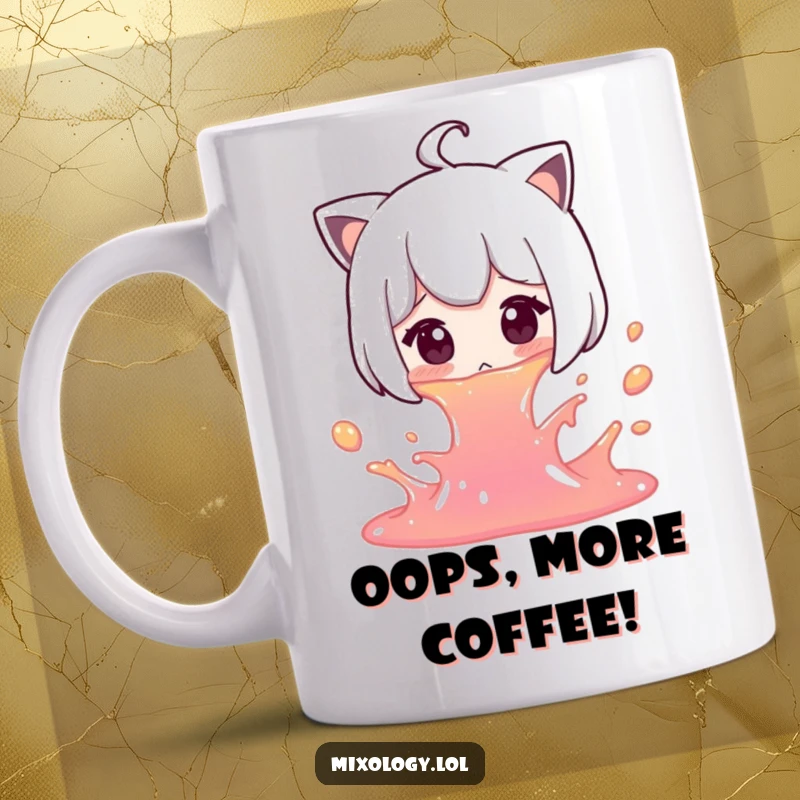 Funny Spill Mug: A character gasps in surprise while accidentally spilling colorful liquid, in a comical mishap.