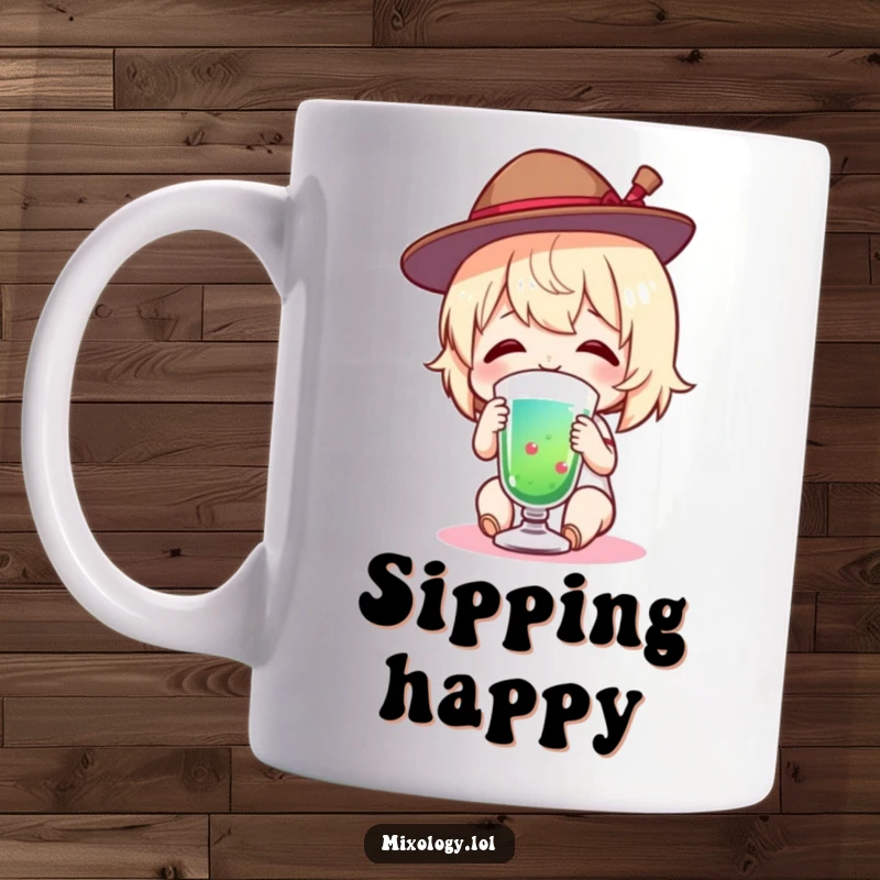 Funny Mug featuring a charming figure wearing a tiny hat, happily tasting a colorful drink with a wide smile.