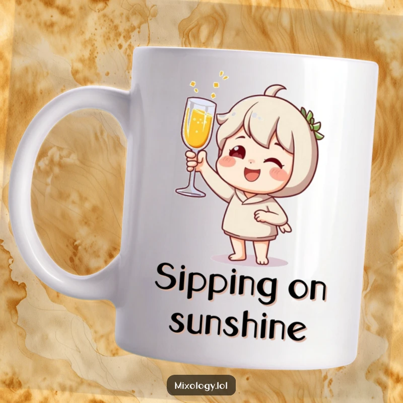 Funny Mug: Joyful character raises a glass, toasting with a sparkling beverage, embodying celebration.