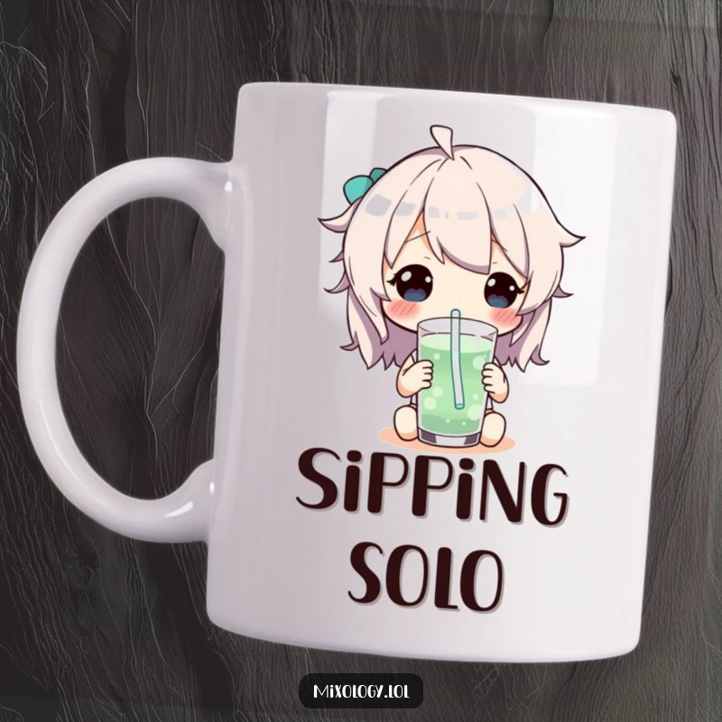 Funny Mug with a character playfully sipping a colorful drink through a curly whimsical straw, expressing pure joy.