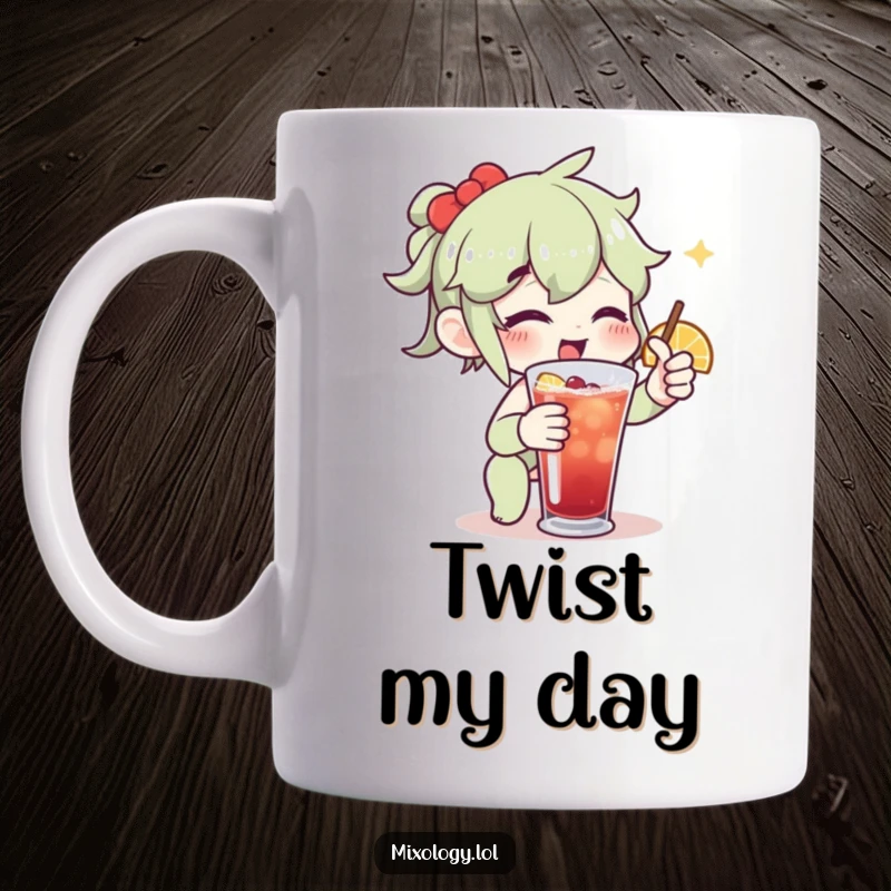 Funny mug art of an enthusiastic character expertly garnishing a drink with a lemon or lime twist.