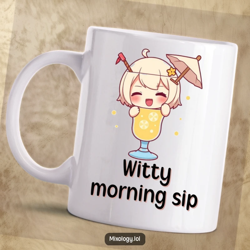 Funny mug featuring a character playfully garnishing a drink with a tiny umbrella and a charming wink.