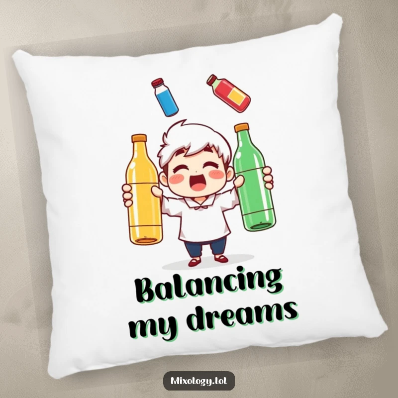 Funny pillow featuring a surprised character juggling three colorful bottles, perfect for a humorous and cozy accent.