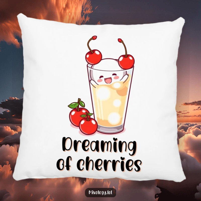Funny Pillow depicting a happy tiny figure meticulously garnishing a refreshing beverage with a cherry, offering comfort and amusement.